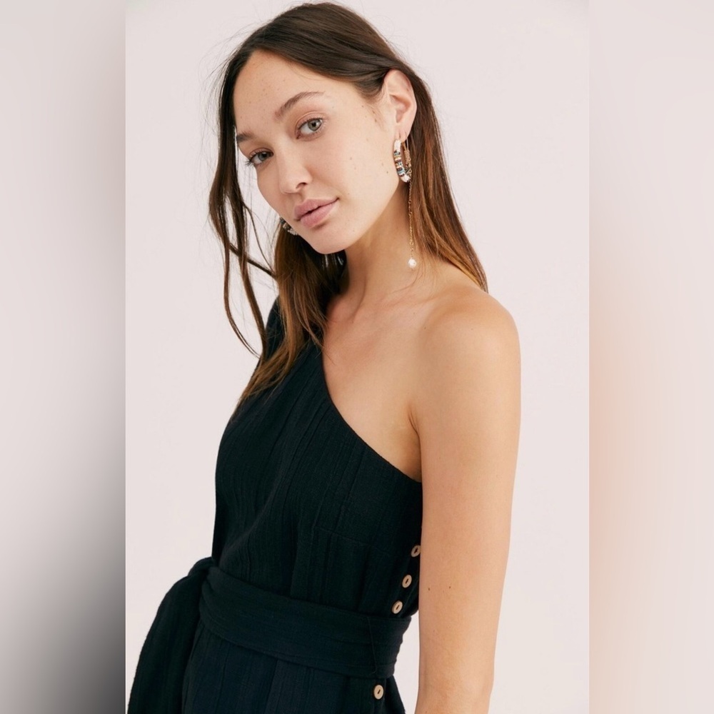 Free People One Shoulder Belted Mini Dress Black Gauze Boho Sz S EUC - Picture 3 of 7